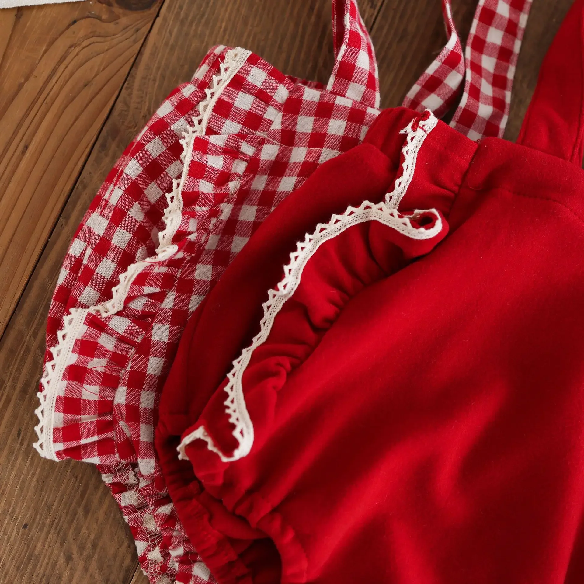 Spring Newborn Baby Girl Romper Outfit Cotton Red Lace Bib Overalls Festive Celebration Baby Clothes Infant Outerwear