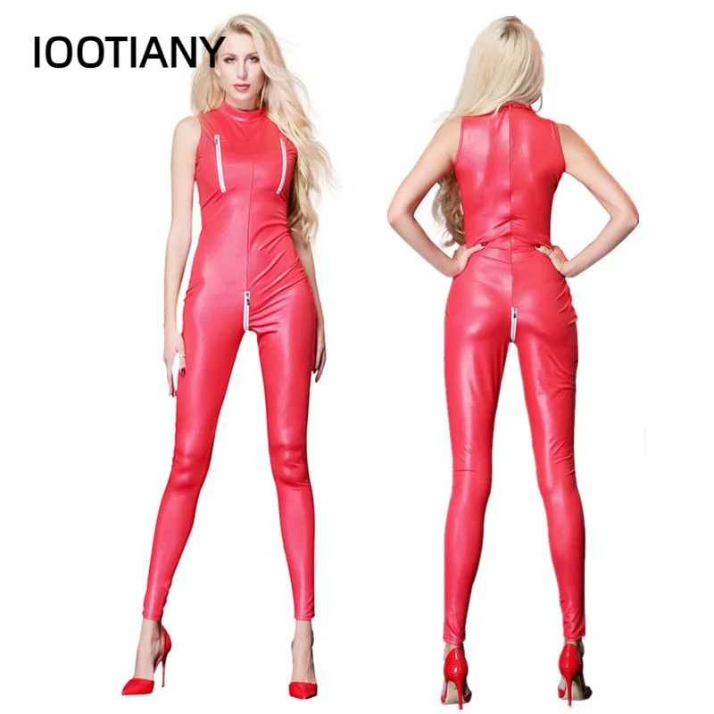 M-XXL New Women Red Sexy zipper Open Crotch Catsuit Wetlook Shiny PU Leather Dance Clubwear Jumpsuit