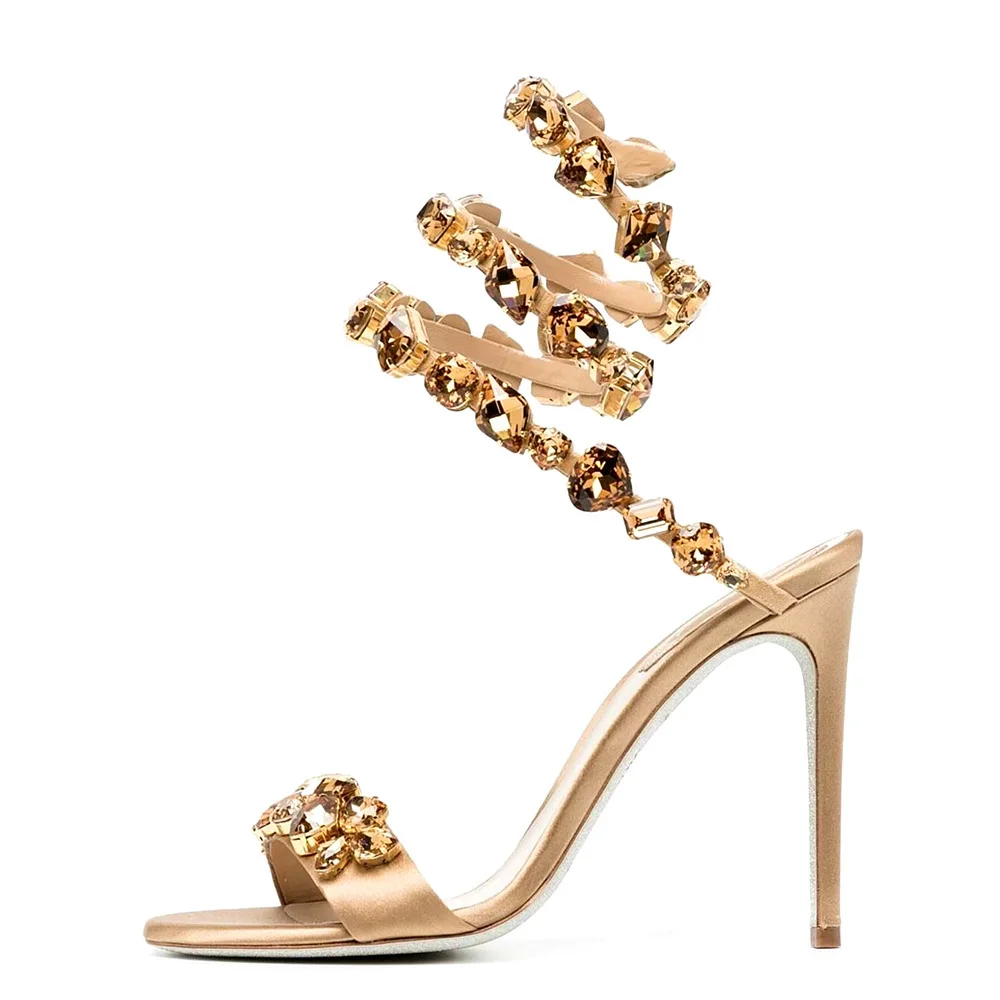 

Crystal Tacones Bling Chaussure Femme Snake-Wrap Sandals Gem Women Shoes Strap Thin Heels Designer Sandalias Open Toe Pumps