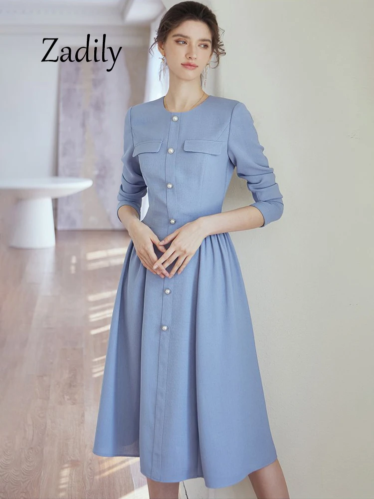 

Zadily 2024 Spring Office Lady Long Sleeve Women Shirt Dress Minimalist Button Up Solid Color Ladies A-Line Medium Dresses