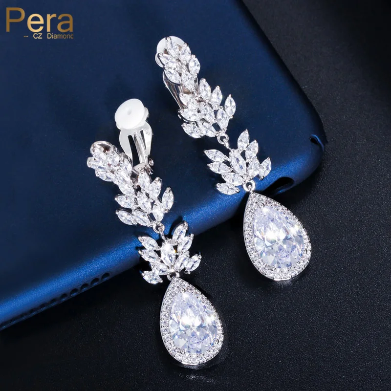 Pera High Qualtiy Shiny Cubic Zirconia Long Leaf Water Drop Elegant Women Party Clip On Orecchini Gioielli Orecchio Non Forato E263