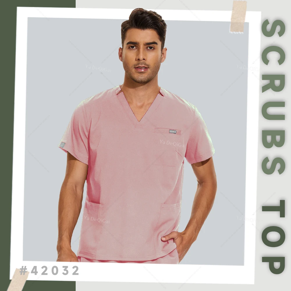 Clinical Workwear Men Scrubs Tops Medical Uniforms Nursing Work Shirts Classic V-Neck Clinical Scrub Top Short Sleeve Blouse 2XL