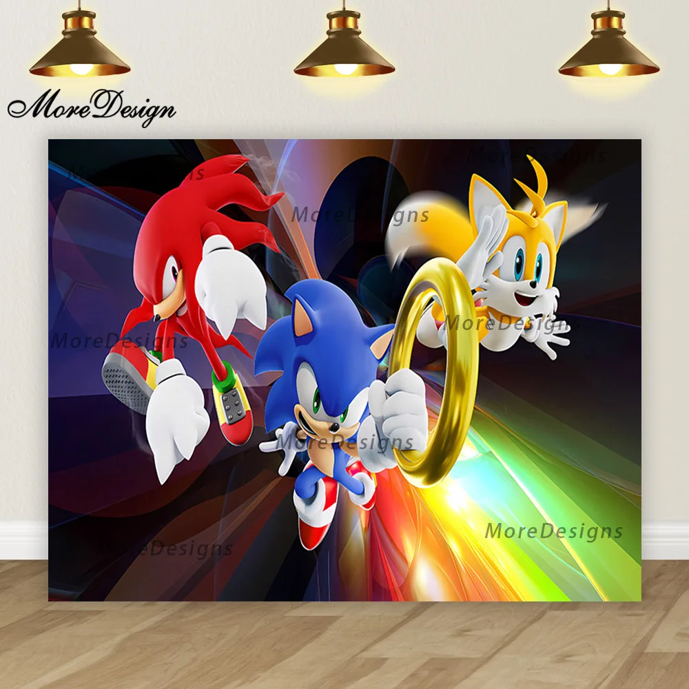 thumbnail image 1 of Banner de cumpleaños de Sonic, fondo fotográfico para niños, decoración para la primera fiesta de niños, fondo de tela de poliéster y vinilo con dibujos animados, 1 of 5