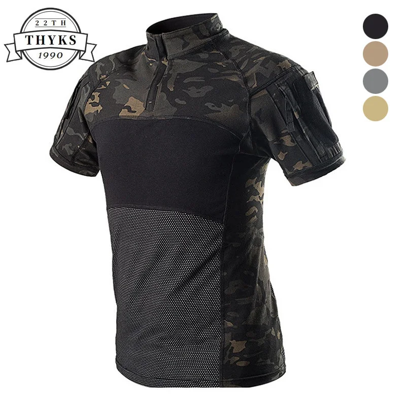 

2023 Summer Tactical T-Shirt Men Breathable Multiple Pockets Splicing Combat Causal Slim Soldiers Camo Short Sleeve Tee