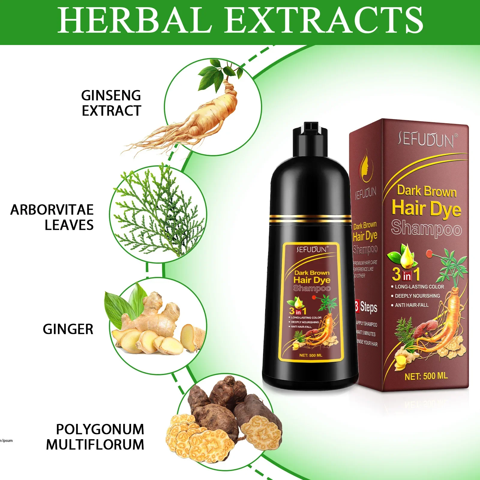Shampoo 3 in 1 Organic Natural Hair Dye Ginseng Extract Black Hair Color Шампунь Для Волос for Cover Gray White Hair 500ML 4