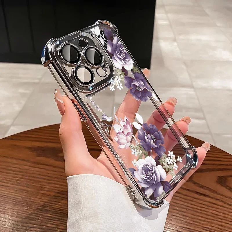 Purple Pink Floral Plating Shockproof Phone Case Cover