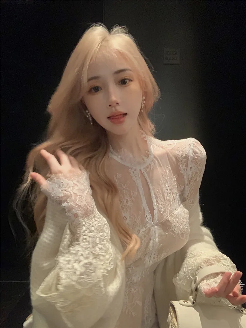 French Fashion Girls Sexy Lace Tops with Cardigan Sweater Two Pieces Set Thin Sheer Lace Blouse Long Sleeves with Knit Sweaters