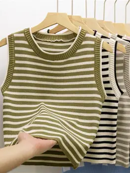 جديد 2025 سترات أساسية مخططة بسلسلة مرنة للنساء بدون أكمام وكاميس قطع علوية قصيرة صيفية قصيرة 2