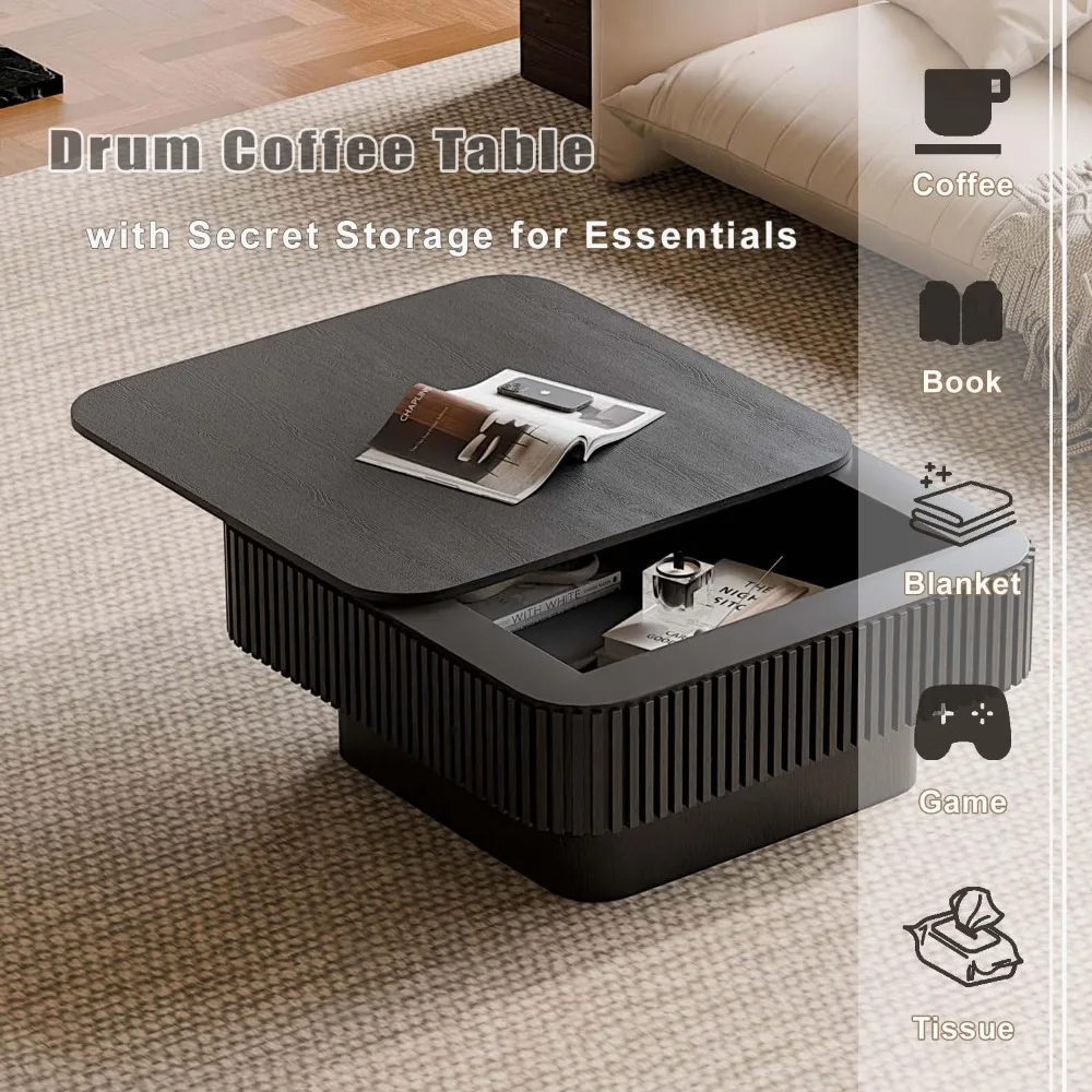 Modern Square Coffee Table with Storage, Fluted Wooden Center Table for Living Room, 31.5''