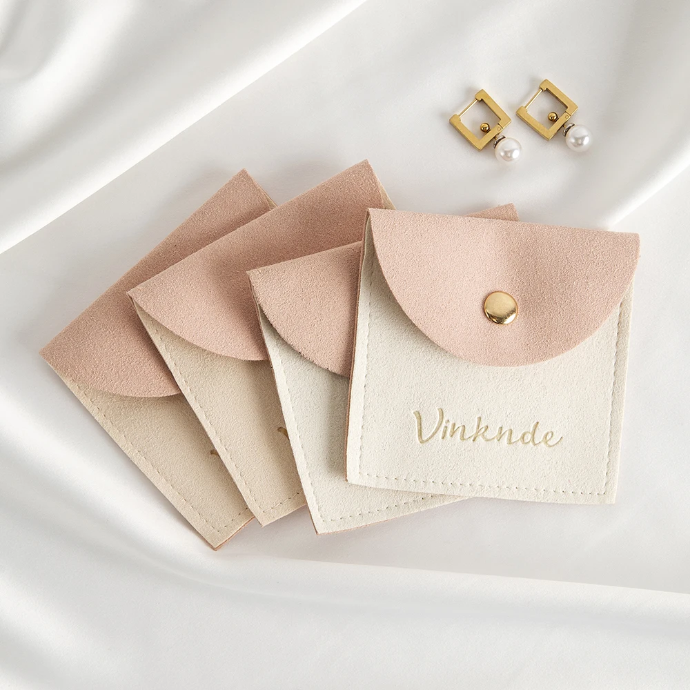 Custom Logo Microfiber Jewelry Bag Snap Button Suede Velvet Pouch for Ring Earrings Necklace Wedding Gift Organizer Box Storage