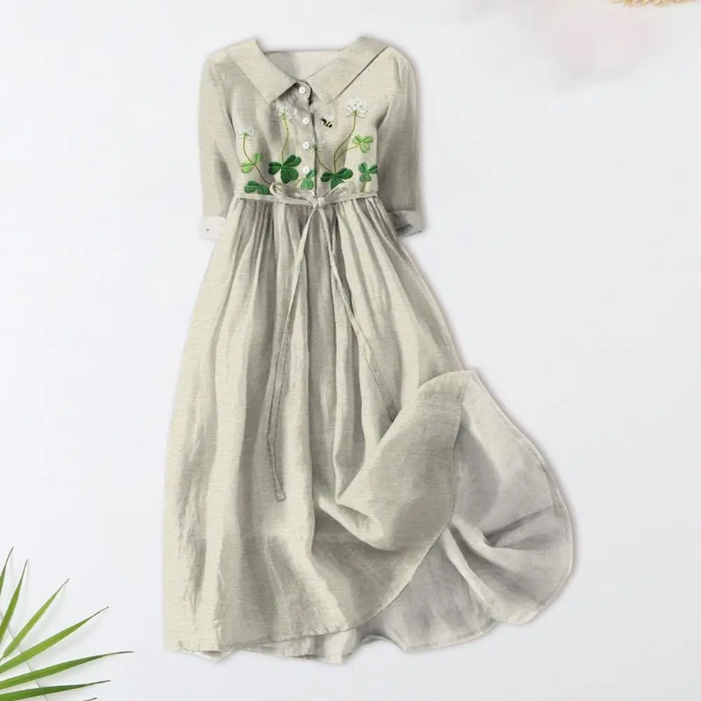 

Short Sleeve Floral Dress Floral Dress Floral Print A-line Midi Dress with Belted Waist Turn-down Collar for Women Summer