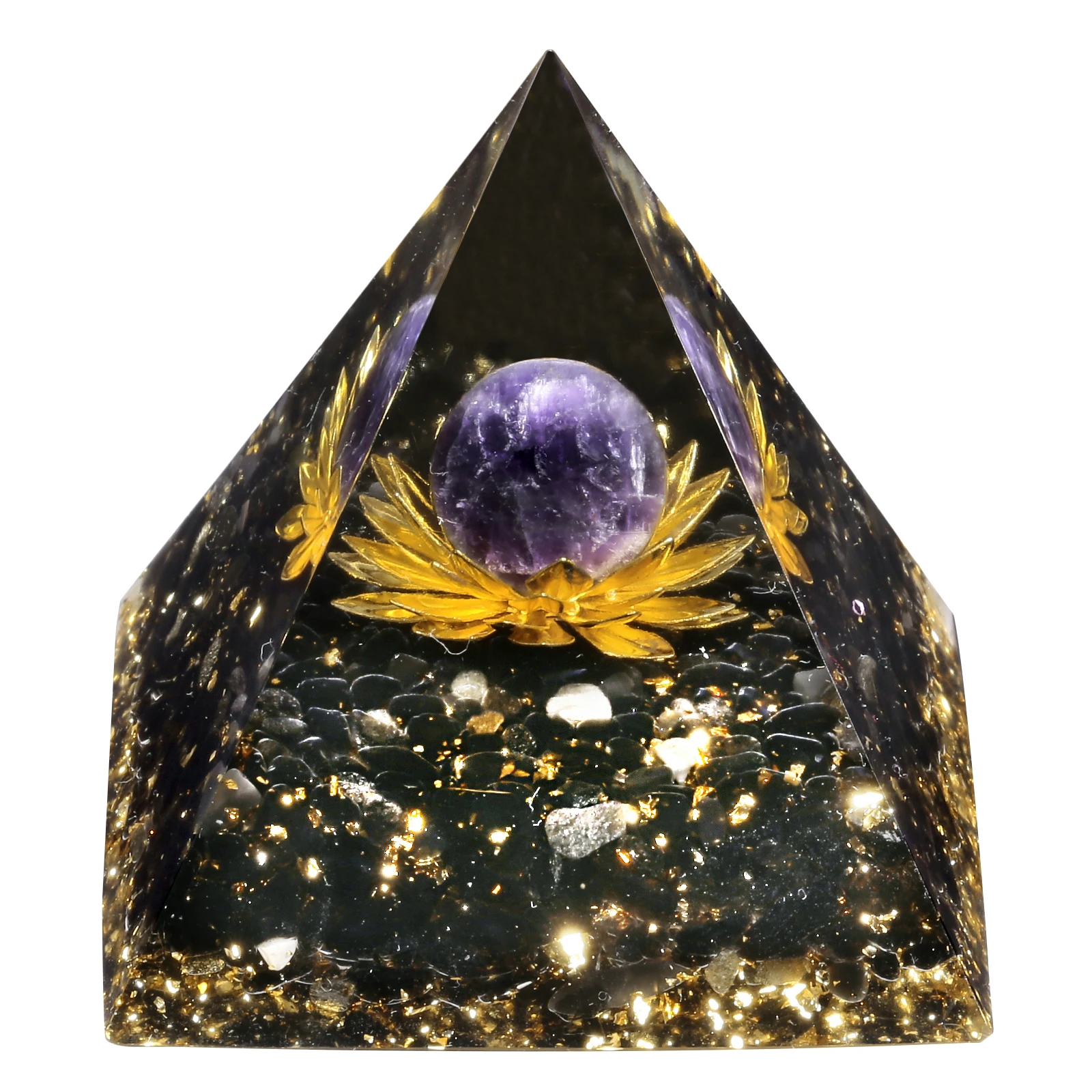 Crystal Sphere Orgone Pyramid With Obsidian Tumbled Stones and Golden Lotus Orgonite Generator For Protection Meditation