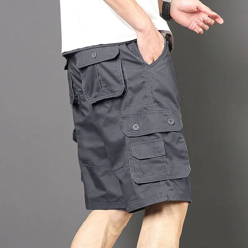 thumbnail image 1 of Pantalones cortos cargo negros largos para hombre, pantalones cortos verdes por encima de la rodilla para hombre, pantalones cortos desgastados con bolsillo frontal ancho y cintura elástica para hombr, 1 of 5