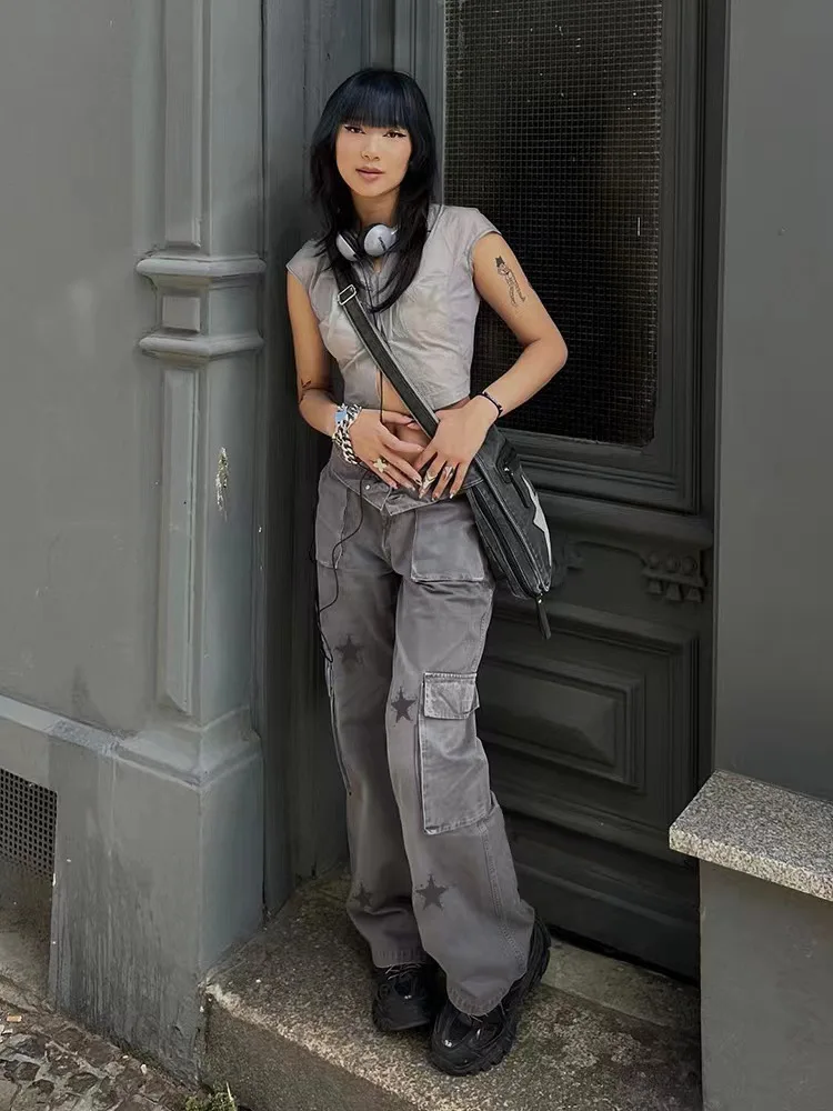 QWEEK Y2k Vintage Style Cargo Pants Women Streetwear Low Waist Star Print Pockets Casual Jeans Autumn Winter Wide Leg Jeans