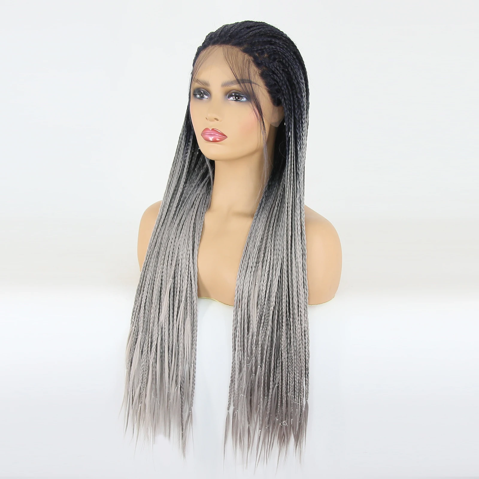 Thiswig Black Ombre Grey Braided Wigs Lace Front Synthetic Wig for Black Women Long Heat Resistant Fiber Box Braid African Wig
