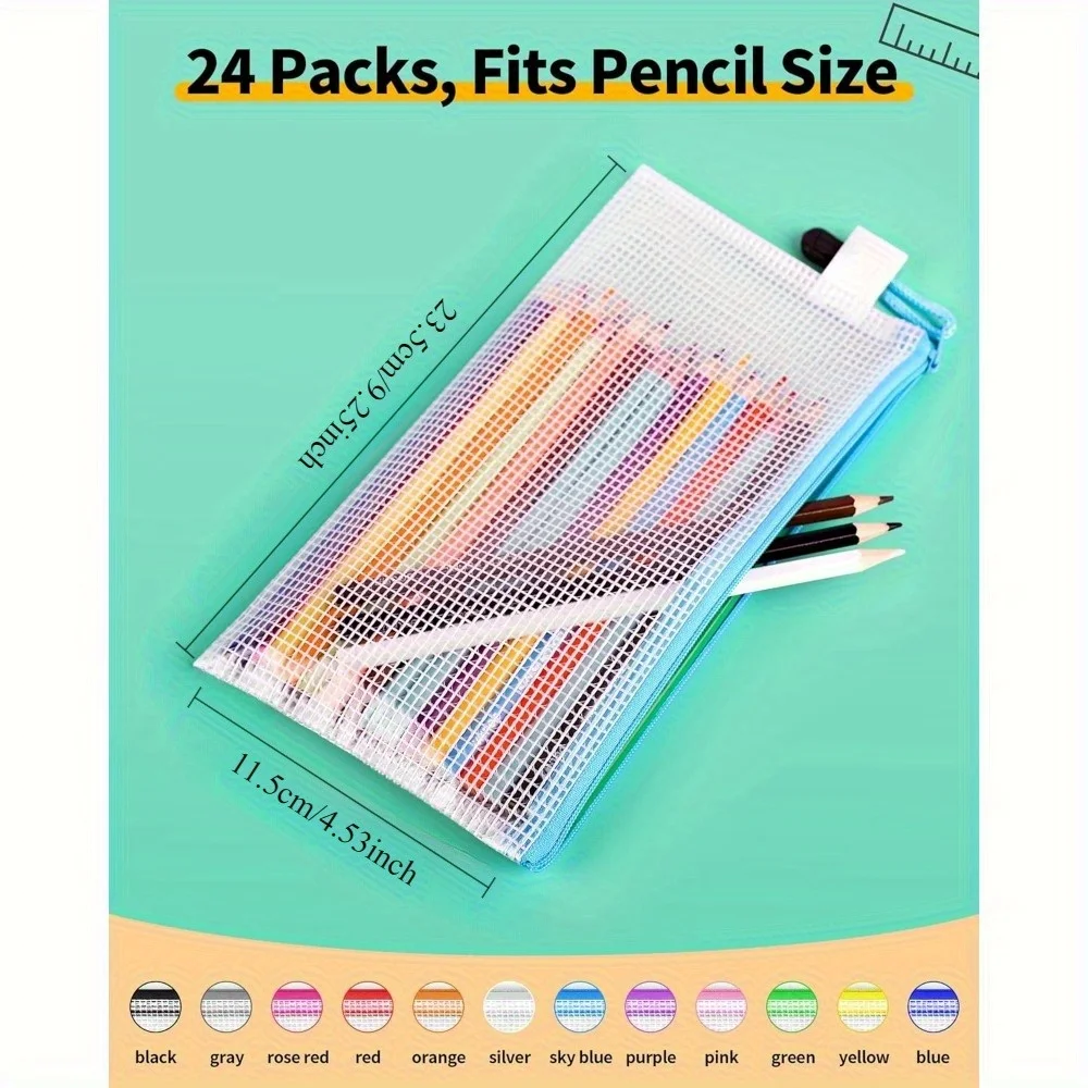 24pcs 메쉬 지퍼 연필 파우치, 23.62cm X 11.43cm 연필 케이스, 12 색 여행 학교 용품용 소형 지퍼 가방, 연필 케이스