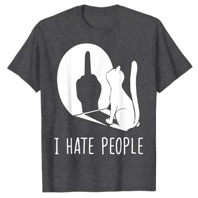 Cat Shadow I Hate People Middle Finger T-Shirt Humor Funny Kitty Graphic Outfit Short Sleeve Blouses Gifts Sarcastic 3