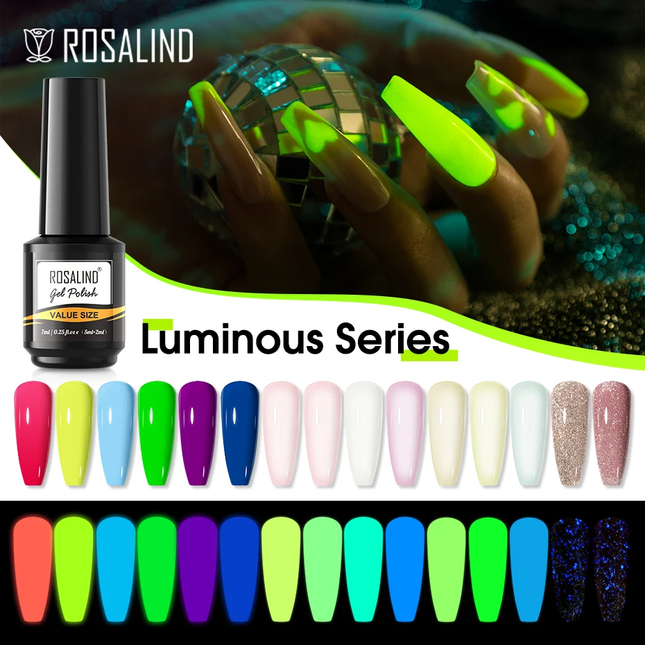 

ROSALIND 7ML Neon Luminous Gel Nail Polish Colorful UV Nail Enamel Semi-Permanent Varnish Base Top Coat Nail Art Design UV Gel