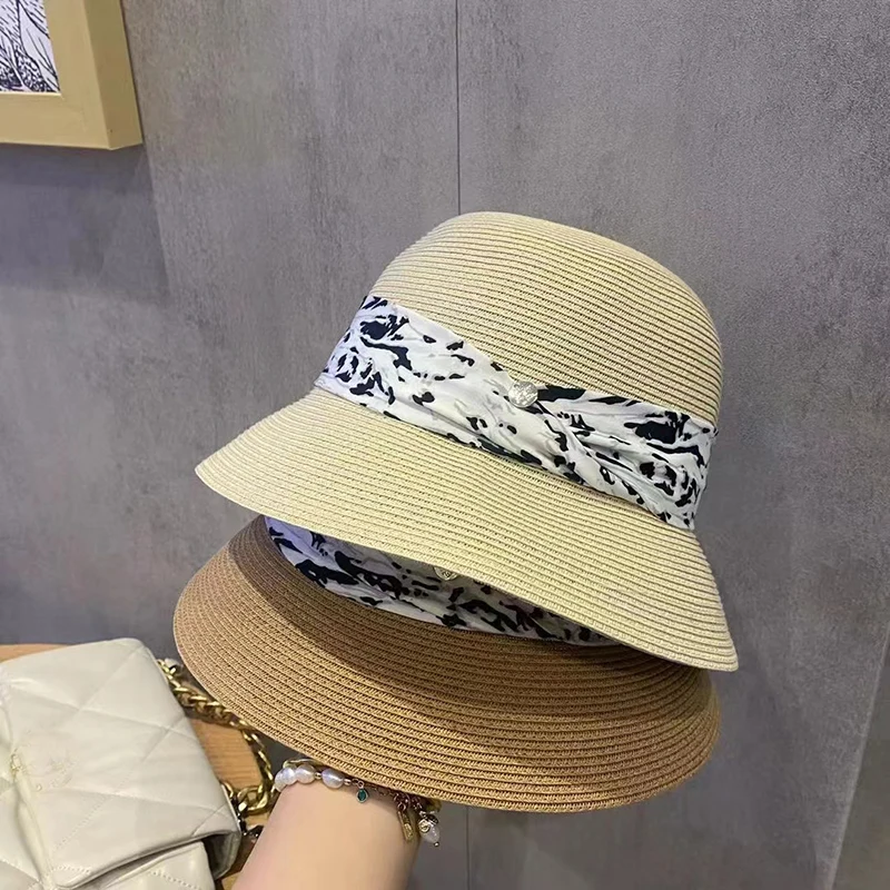 

New Summer Sun Hat For Women Fashion Bow Elegant Bucket Hat Hepburn Style Holiday Straw Hat Anti-UV Travel Foldable Beach Hat
