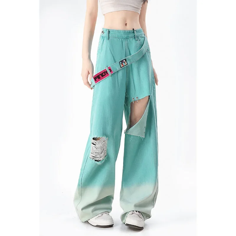 Broken Hole Jeans Female Spring and Fall New High-waisted Fashion Loose Straight Wide-legged Long Pants Women Baggy Jeans Women