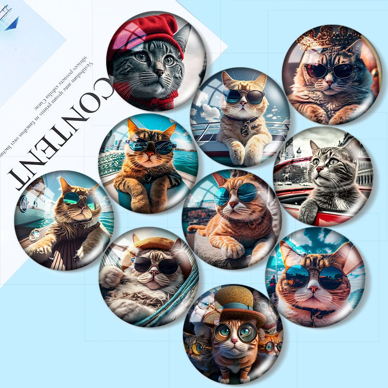 

Cool Cats Wear Glasses Holiday Glass Gem 10pcs 12mm/16mm/18mm/25mm Round Photo Glass Cabochon Demo Flat Back Making findings