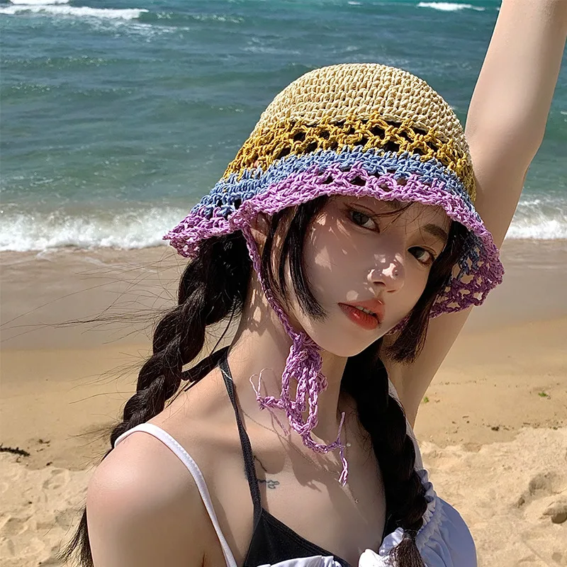 Women Knitted Lattice Fisherman Hat Handmade Crochet Color Matching Basin Hat Spring and Autumn Knitted Sunscreen Sun Hat prada bucket hat womens Bucket Hats