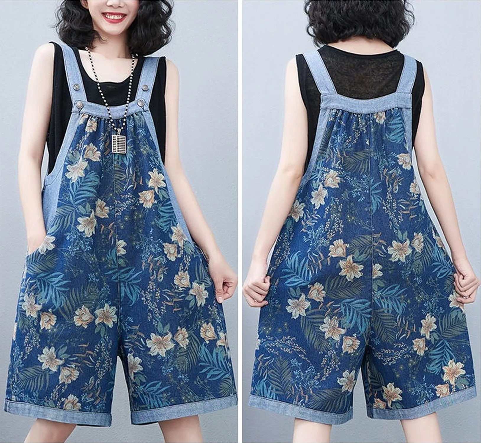 

Women Summer Loose Straight Denim Jumpsuit Knee Length Wide Leg Pants Strap Pocket Floral Printed fashion vintage jumpsuits