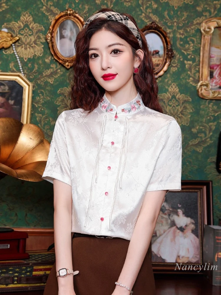 New Chinese Style Embroidered Short-Sleeved Shirt Women's Summer Clothing 2024 New High-Grade National Style Top Buttons Blusas