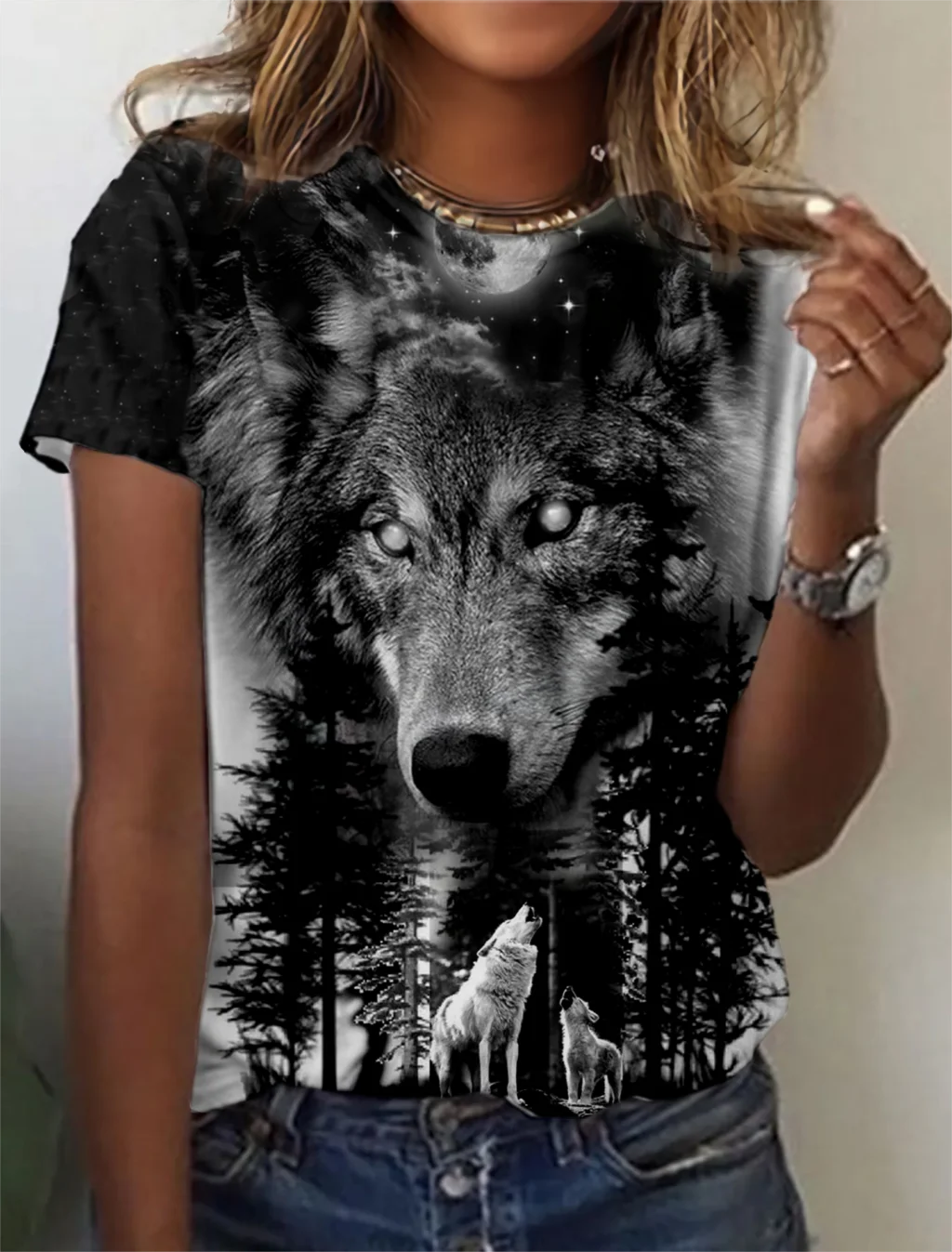 Fashion Women's T-shirt with wolf  Graphic 3D Printed Short Sleeve Summer  T-shirt oversized Polyester Fiber Clothing623_voghion.com