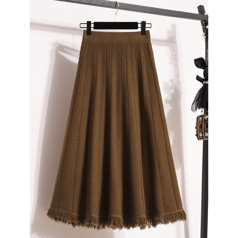 Size Fashion High Waist Slimming Knitted Season Plump Girls Anti-Aging Elegant Flab Hiding Frayed Large Hem Skirt