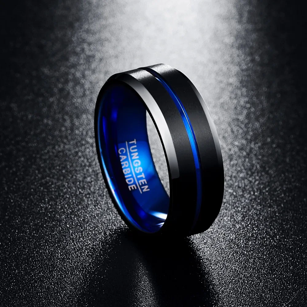 NUNCAD Men's 8mm Tungsten Carbide Ring Blue & Black Matte Finish Beveled Edge Wedding Band Size 4 to 17 T004R 3