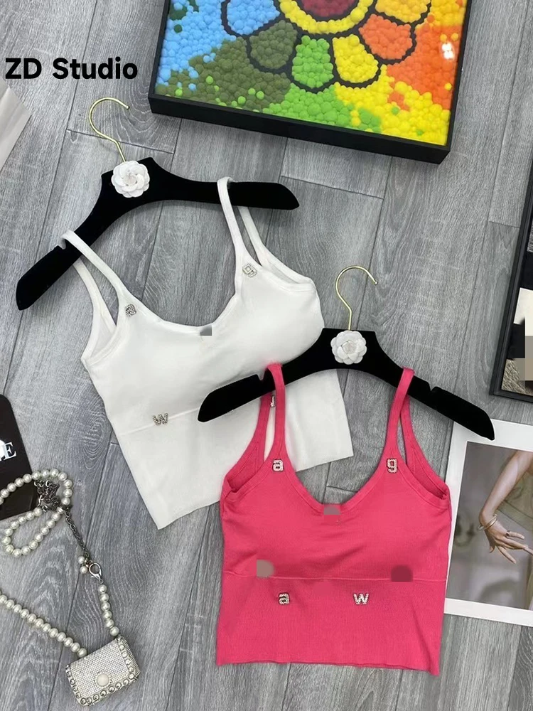 

[ZD Studio] 2023 New Rhinestone Lettered Camisole Female Summer Sexy Outside Wearing Chest Beauty Sleeveless Knitted Top