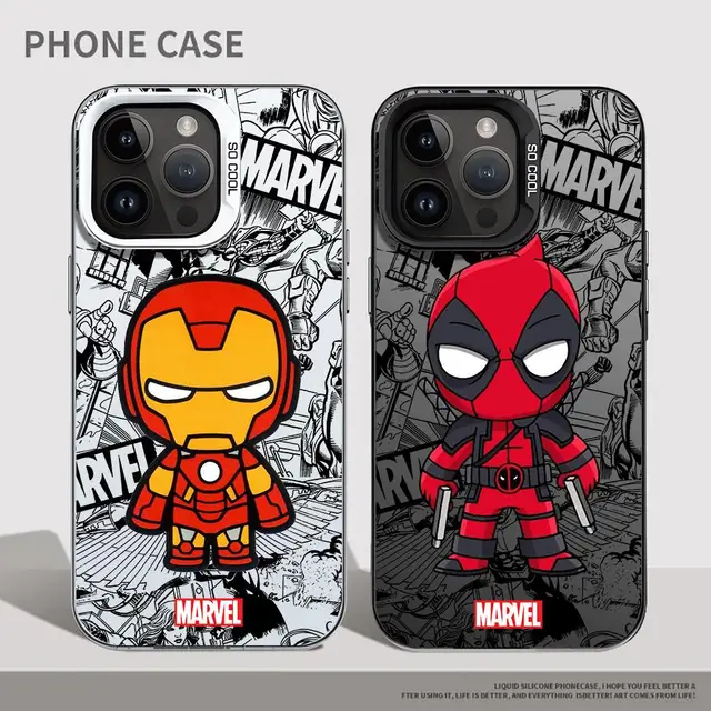 Plating Anime Phone Case For iPhone 15 14 13 12 11 XS Pro Max X XR Plus Soft Silicone Lens Cover Marvel Ironman Deadpool