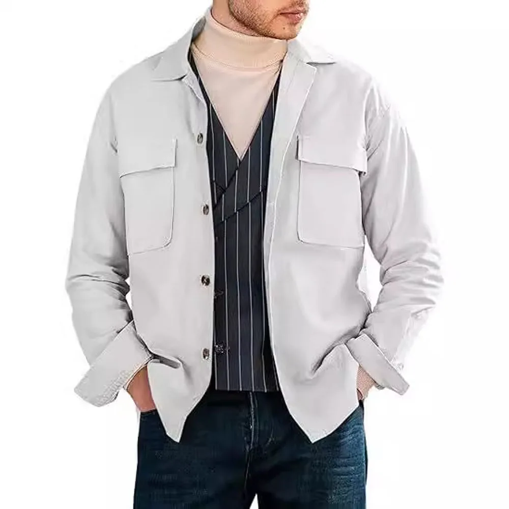 Casual Men Blouse Tops Autumn Spring Double Pocket Button Loose Solid Color Workwear Blouse Shirts YYCFS-250102004 3