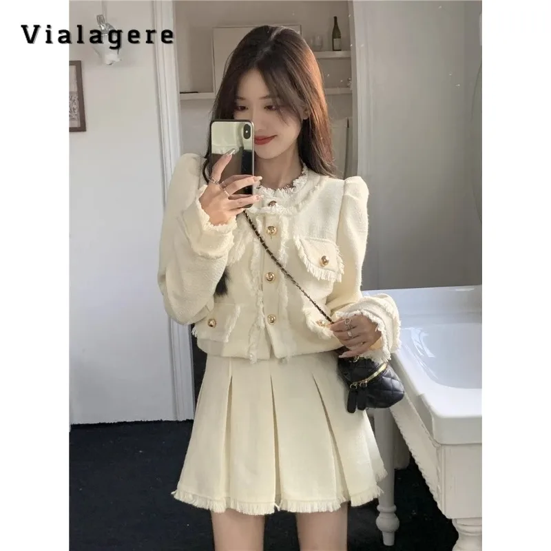 

2023 Autumn Sweet Elegant Sexy Style 2 Piece Set Women Long Sleeve Round Neck Coat +Pleated Skirt Luxury Two Piece Skirt Set