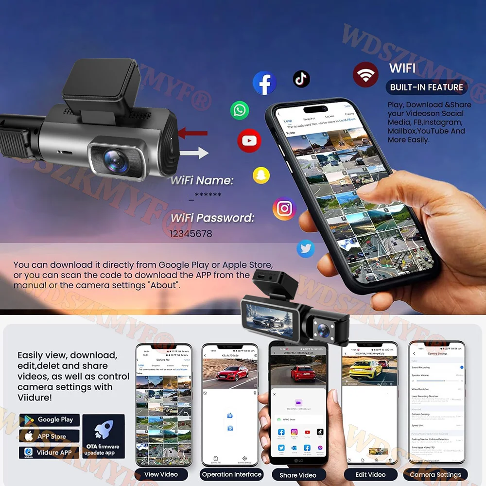WIFI APP Dash Cam for Car 1080P Video Recorder  2/3Channel Dashcam Car DVR Front Rear View Camera Parking monitor car accessory