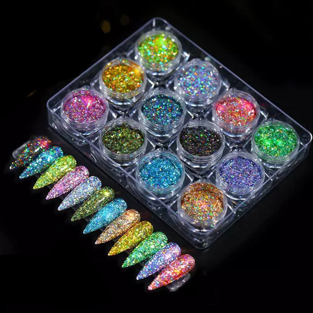 

12pcs/set Nail Glitter Powder Dust Iridescent Flakes Sequins Gold Silver Super Shining Paillette Nail Art Manicure Decorations