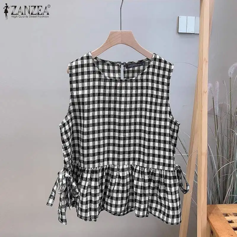 Mode Urlaub Tanks Tops Zanzea Frauen Sommer ärmellose Bluse Retro Plaid karierte Camis Freizeit hemd Schnür Strand T-Shirts Tunika – Detail 7