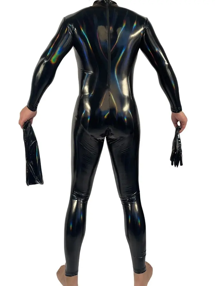 Mens Laser Colorful Wet Look Catsuit Shiny PU Leather Bodysuit Tights Cosplay Leotard Conjoined Unitard Jumpsuit Shapers M-4XL