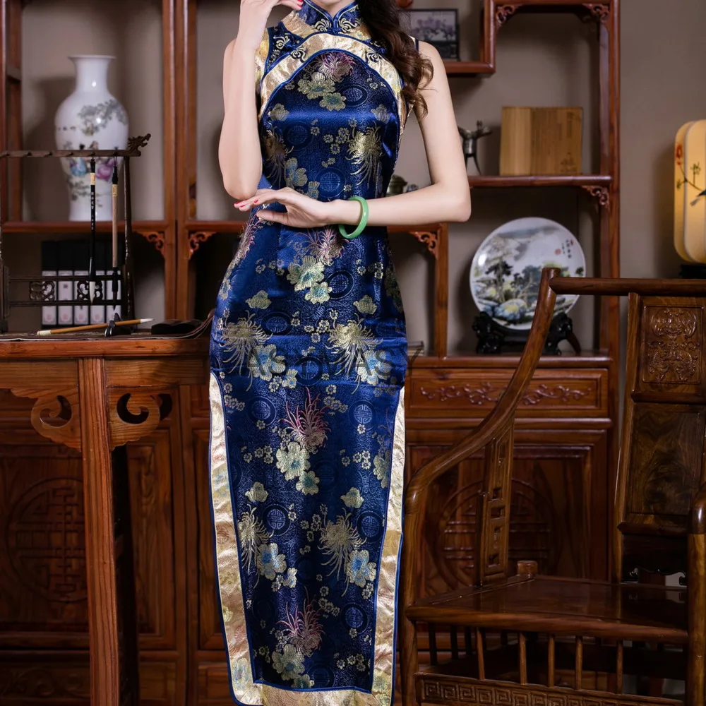 green emerald velvet dress Modern Chinese Qipao, Chinese Cheongsam, Long Evening Dresses, Navy Blue Color XL