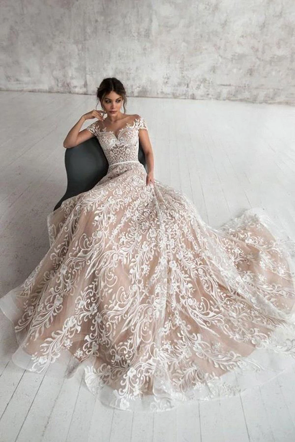 

Elegant Lace Boho A Line Wedding Dresses Sweetheart Illusion Cap Sleeves Champagne Sweep Train Bridal Gowns Vestidos De Novia