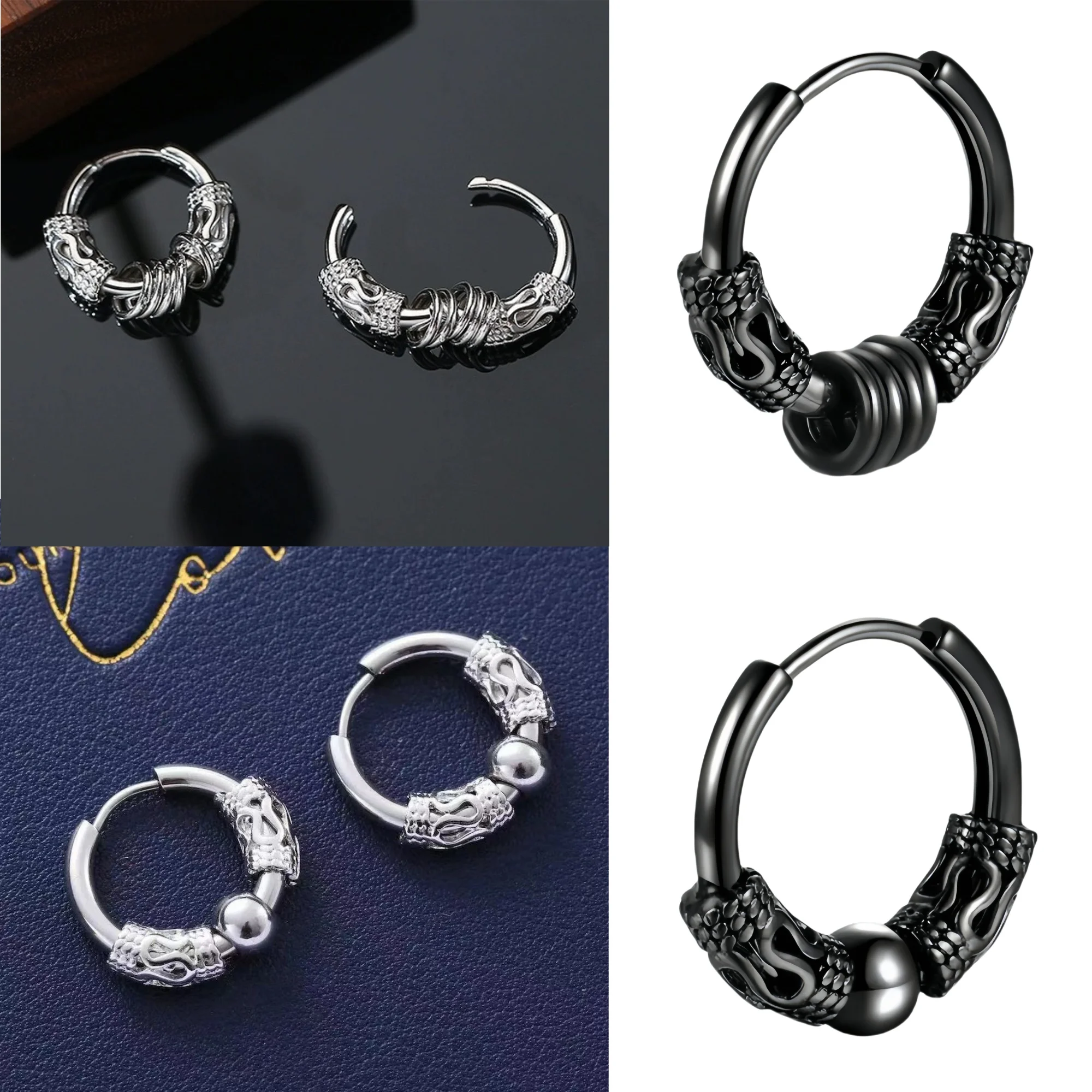 3-4Pairs Blätter Feder Punk Vintage Schwarz Edelstahl Runde Creolen Set für Mann Frau Teenager Schmuck y2k Zubehör Neue – Detail 2