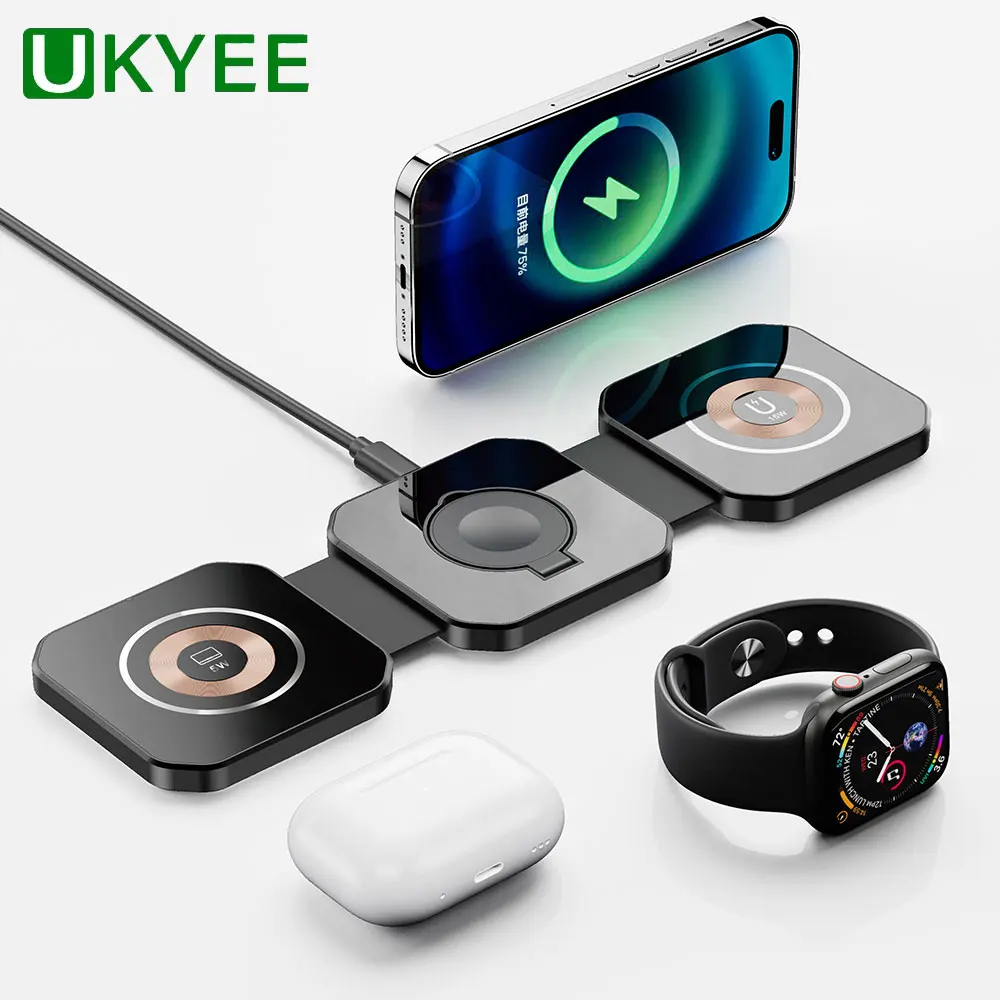 

UKYEE 3 In 1Magnetic Wireless Charger Pad Stand Foldable for iPhone 15 14 Apple Watch AirPods 15W Fast Charging Dock Station