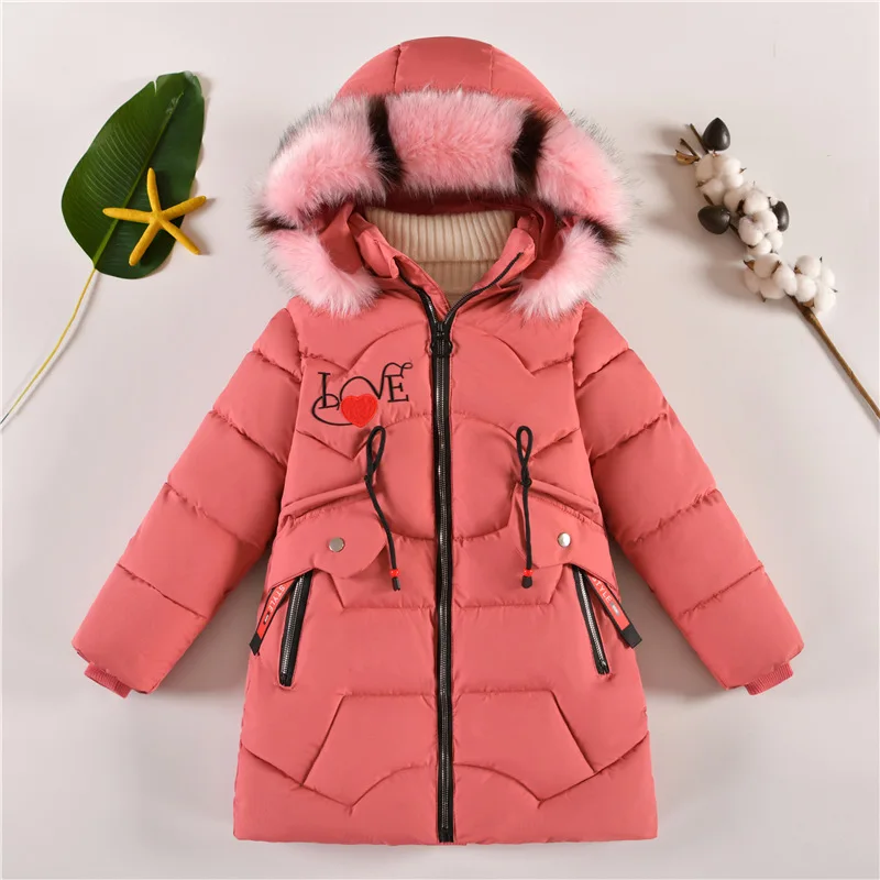

Teenager Winter Thick Warm Long Style Girls Jacket 3-12 Years Old Fur Collar Heart Pattern Hooded Heavy Windbreaker for Children