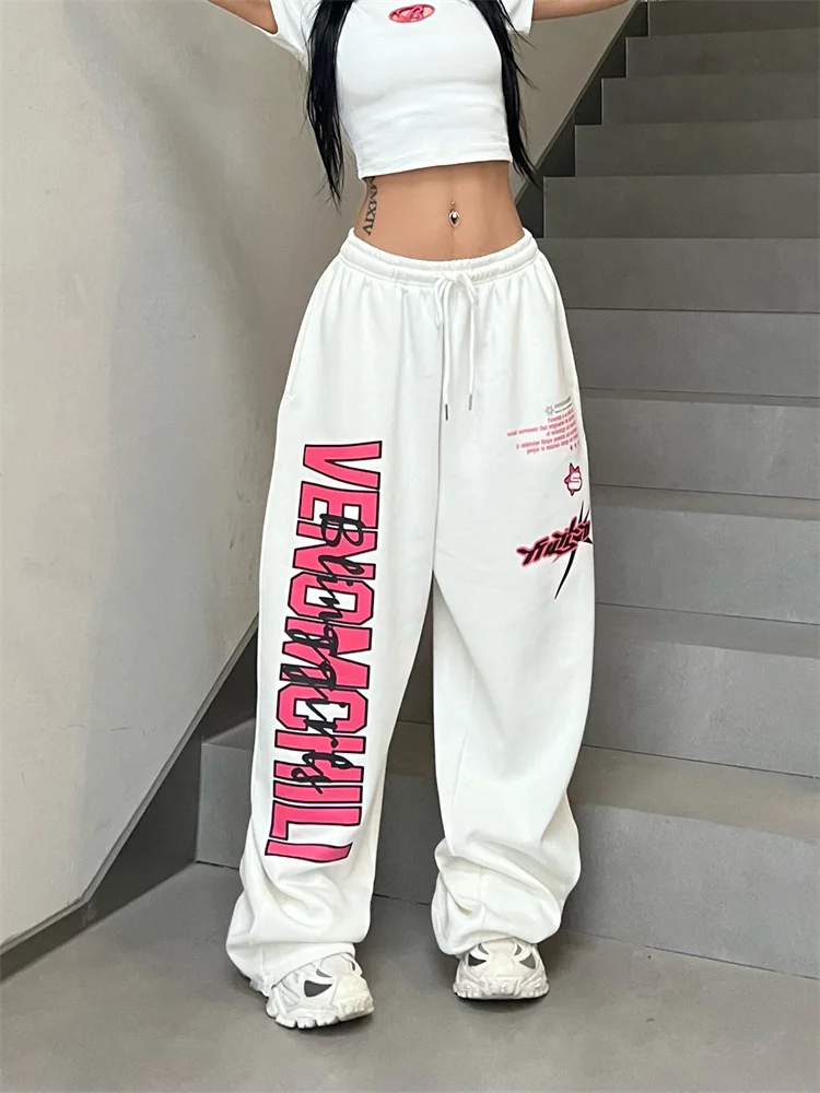 QWEEK Y2K Streetwear White Sweatpants Women Korean Fashion Letter Print Jogger Pants Oversize Kpop Harajuku Wide Sports Trousers