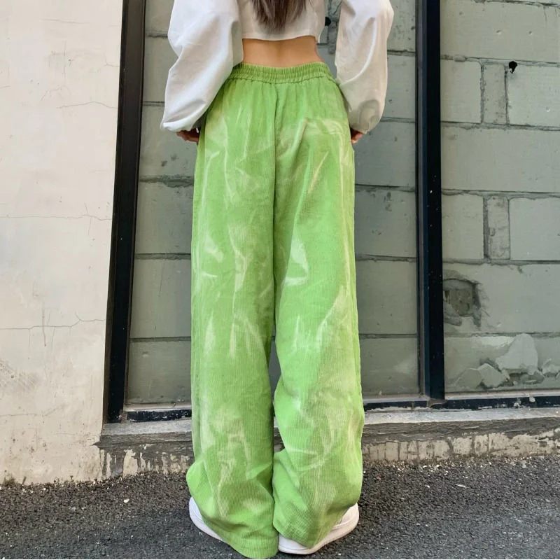 dress pants Y2K Green Corduroy Casual Streetwear Pants Women's Spring Harajuku Style High Waist Loose Straight Drawing Wide Leg Pants work trousers