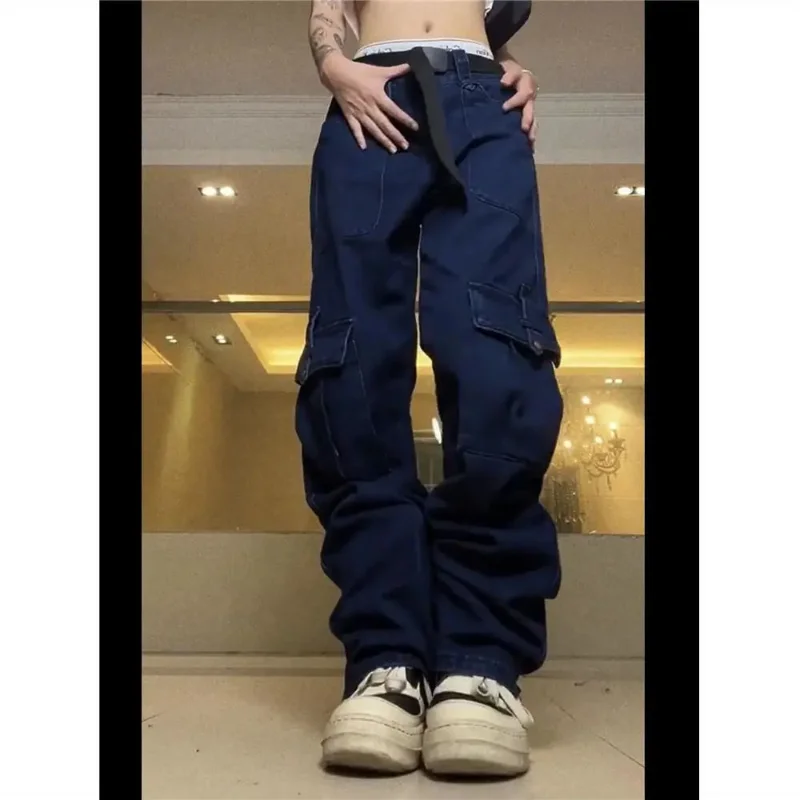 

European and American vibe style overalls High street hiptop loose jeans Women high waist casual multi pocket straight trousers