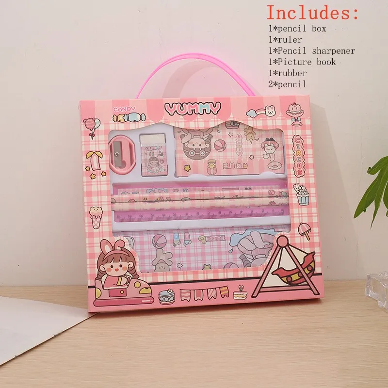 1set Cartoon Pencil Eraser Ruler Pencil Sharpener Case Notebook Stationery Stationery Gift Box Classroom Teacher Rewards