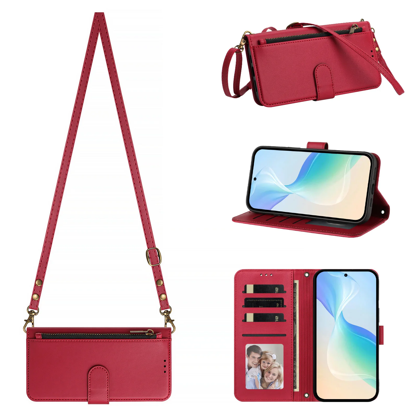 Crossbody Leather Flip Case with Zipper Pocket and Lanyard Wallet