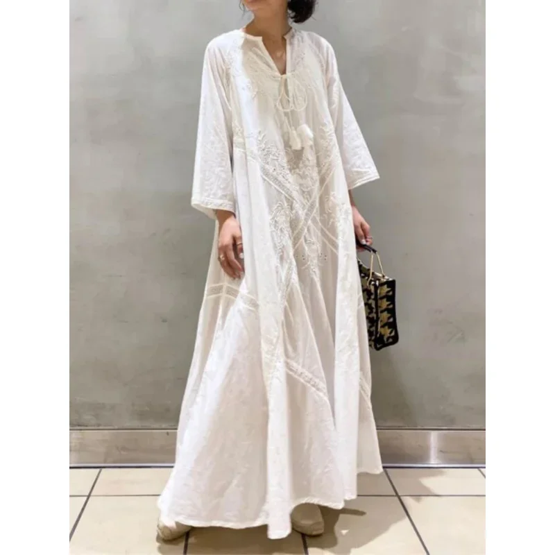 

KLSK WOMEN'S summer dress 2022 loose embroidery white lace V-neck long beach dress elegant holiday WOMEN'S white dress